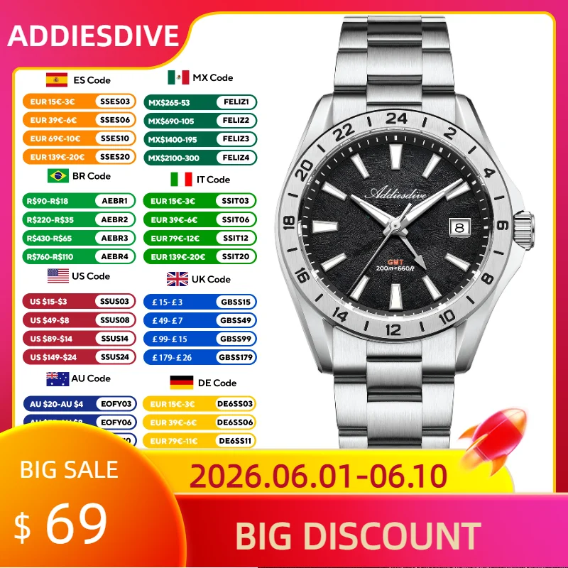 

ADDIESDIVE NEW GMT Watches Sapphire Glass Fashion Stainless Steel 20ATM Waterproof BGW9 Luminous AD2548 Diver Men's Quartz Watch