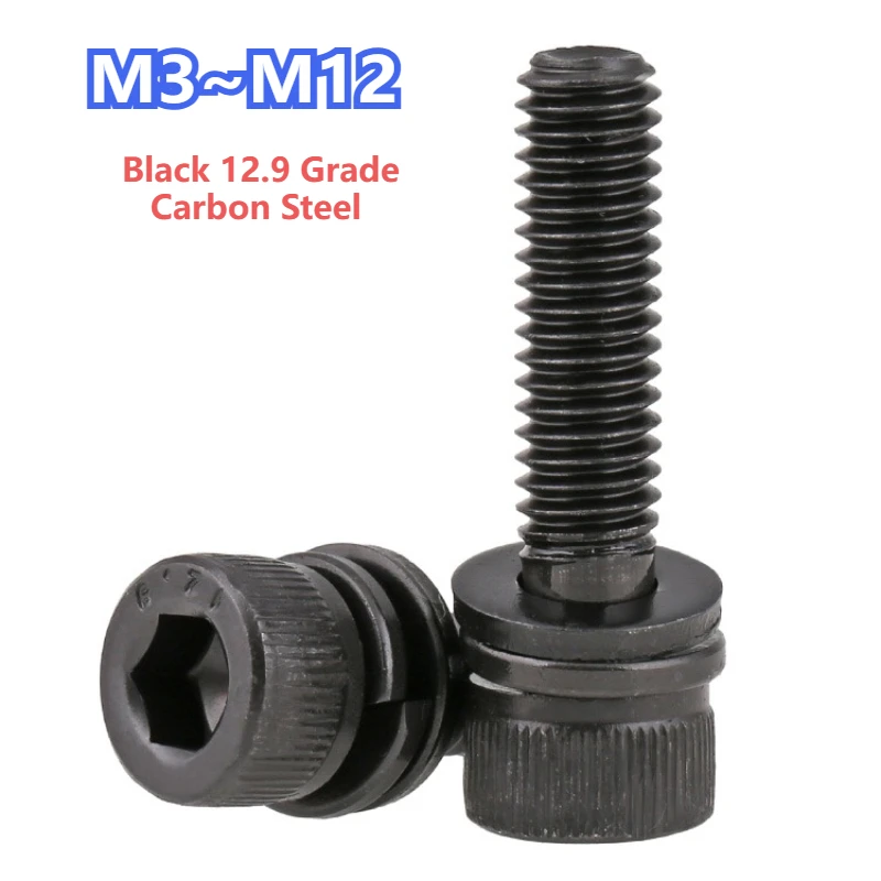 Hex Socket Head Cap Set Allen Screw Flat Spring Washer Black 12.9 Grade Carbon Steel Screws Bolt Washers M3 M4 M5 M6 M8 M10 M12