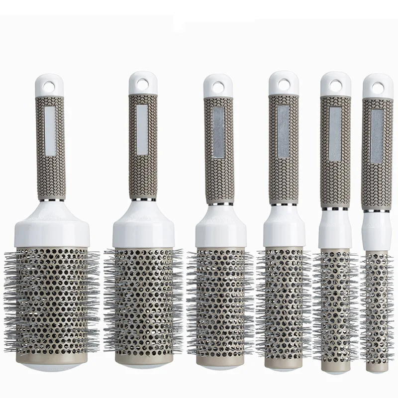 Professional Hair Curling Brush, Ceramic Heat Conduction Roller Comb, Grey Aluminum Tube Volumizing Styling Brush for Salon