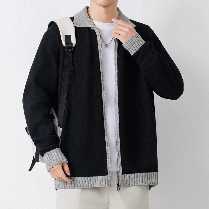 

Мужской повседневный вязаный кардиган свободного кроя с воротником в стиле колор-блок, осенне-весенняя верхняя одежда из комфортной полиэстеровой смеси