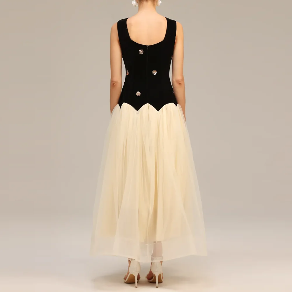 TWOTWINSTYLE, vestidos adelgazantes de colores llamativos para mujer, cuello redondo, sin mangas, cintura alta, vestido largo de malla empalmado para mujer