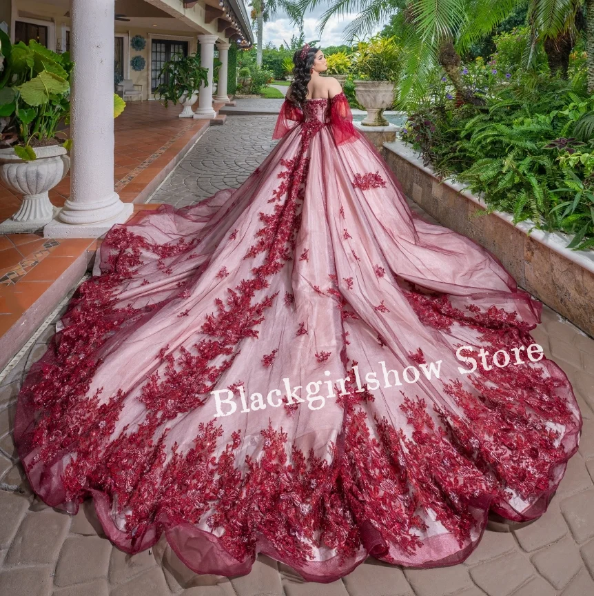 Сверкающие платья принцессы Quinceanera со шлейфом и соборным шлейфом 2025 Изысканные бордовые платья для выпускного вечера трапециевидной формы с сердечком по индивидуальному заказу