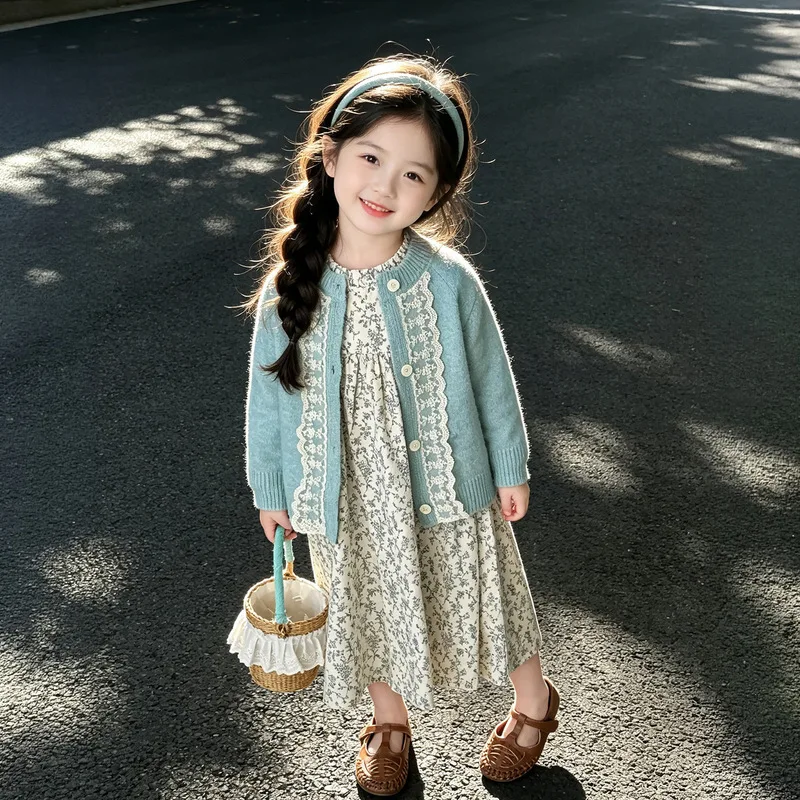 New autumn collection for girls: stylish lace-trimmed sweater and floral-print skirt set