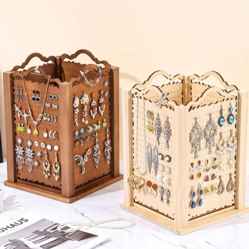 Wooden Jewelry Organizer Stand Rotatable Jewelry Display Stand Retro Necklace Display Rack Large Capacity Earrings Storage Box