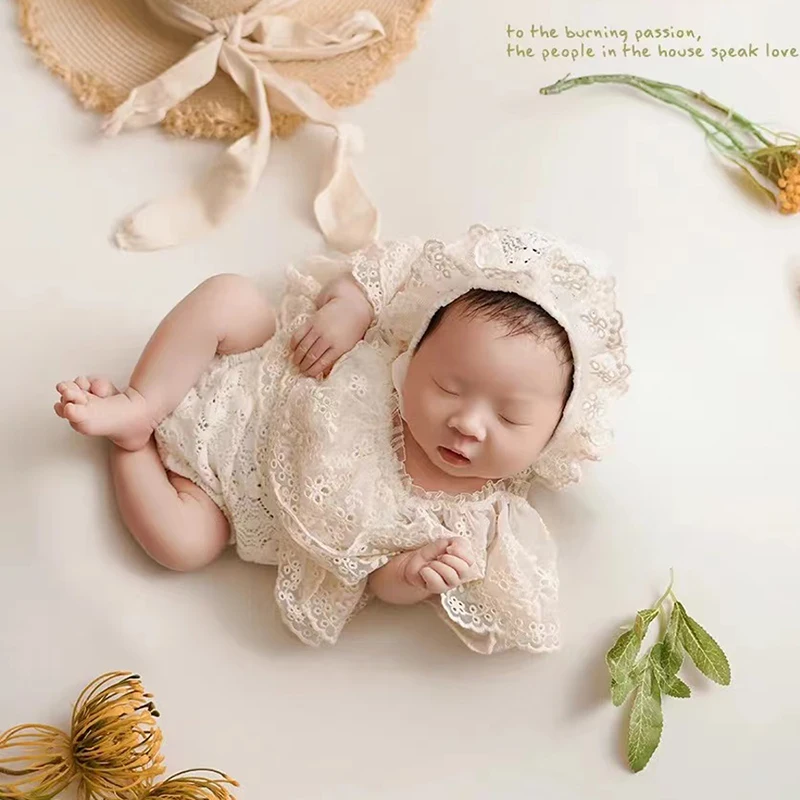 Vêtements de Photographie pour Nouveau-Né, Tenue en Dentelle, Costumes de Batterie + Chapeau, Ensemble Barboteuse en Dentelle, Accessoires de Prise de Vue en Studio pour Bébé Fille