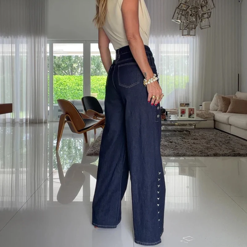 Autumn Fashion Multi-Buckled Jeans Pants Spring Women Casual Wide Leg Solid Loose Pants New Elegant High Waist Straight Trousers
