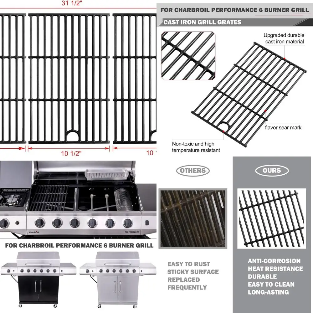 

Charbroil Performance 6 Burner Cast Iron Grill Grates Replacement - Parts 463229521, 463229021, 463228622, 463259223
