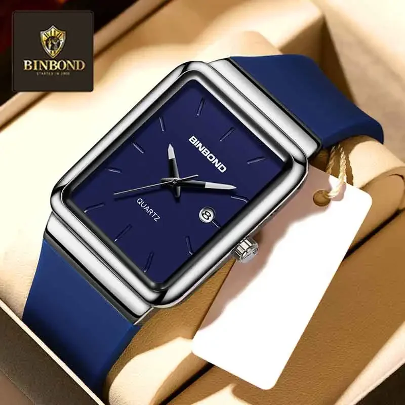 

BINBOND Men's Watches New Fashion Simple Square Design Quartz Wristwatch Original Waterproof Silicone Strap Trend Watch For Man