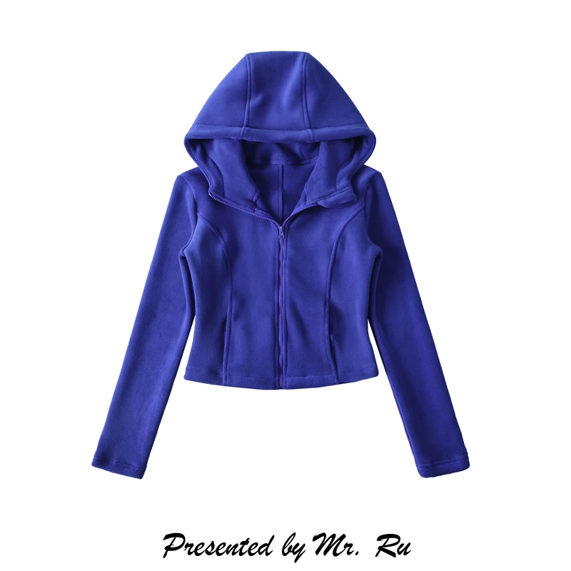 

Slim Fit Hoodie Short Orl Fleece Waist Cinched Zipper Top Splice Winter Outerwear for Girls European Style Long Sleeve
