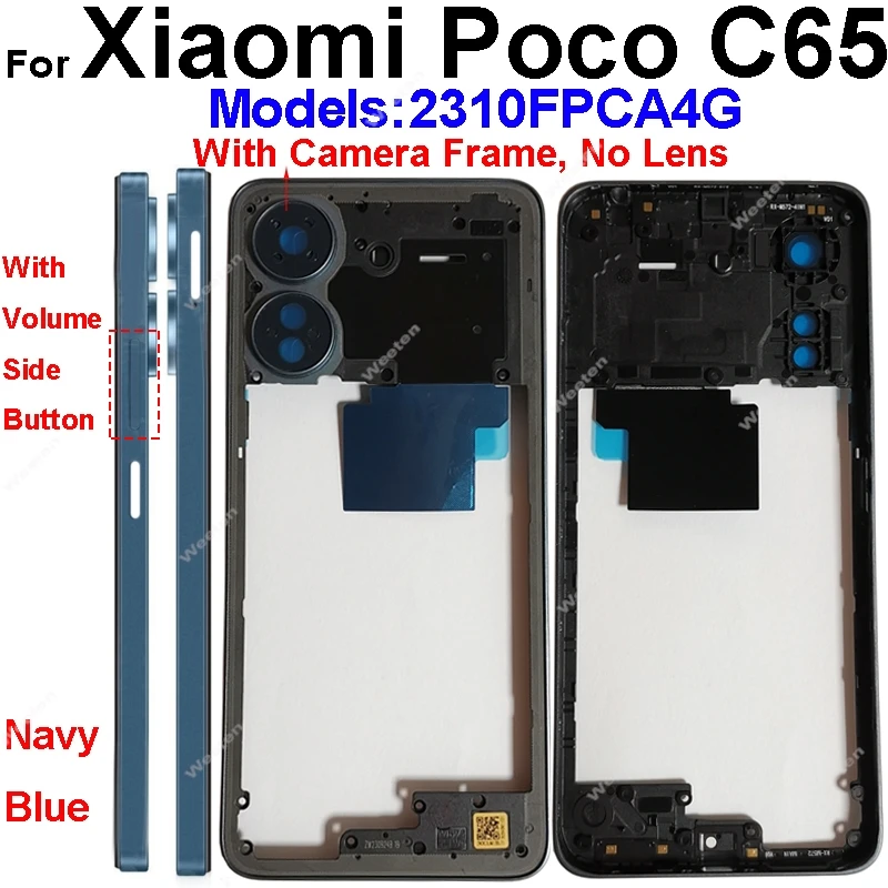 LCD Middle Housing For Xiaomi Poco C65 With NFC Back Cover Housing Front Frame Chassis with Volume Buttons Repair Parts