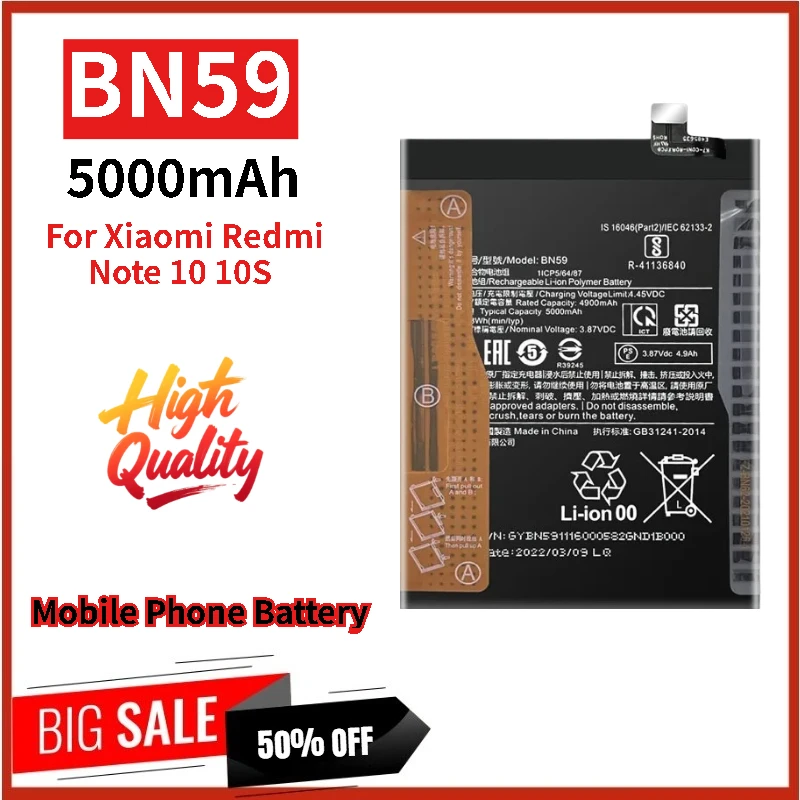 

High Quality BN59 Phone Battery 3.87 5000mAh For Xiaomi Redmi Note 10 10S Brand New Replacement Battery