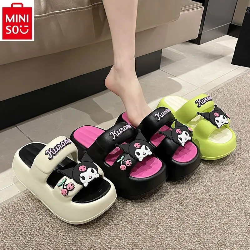 MINISO   Summer Outwear Cartoon Kuromi Thick Sole Elevated Beach Shoes for Women High Quality Anti slip and Breathable Slippers