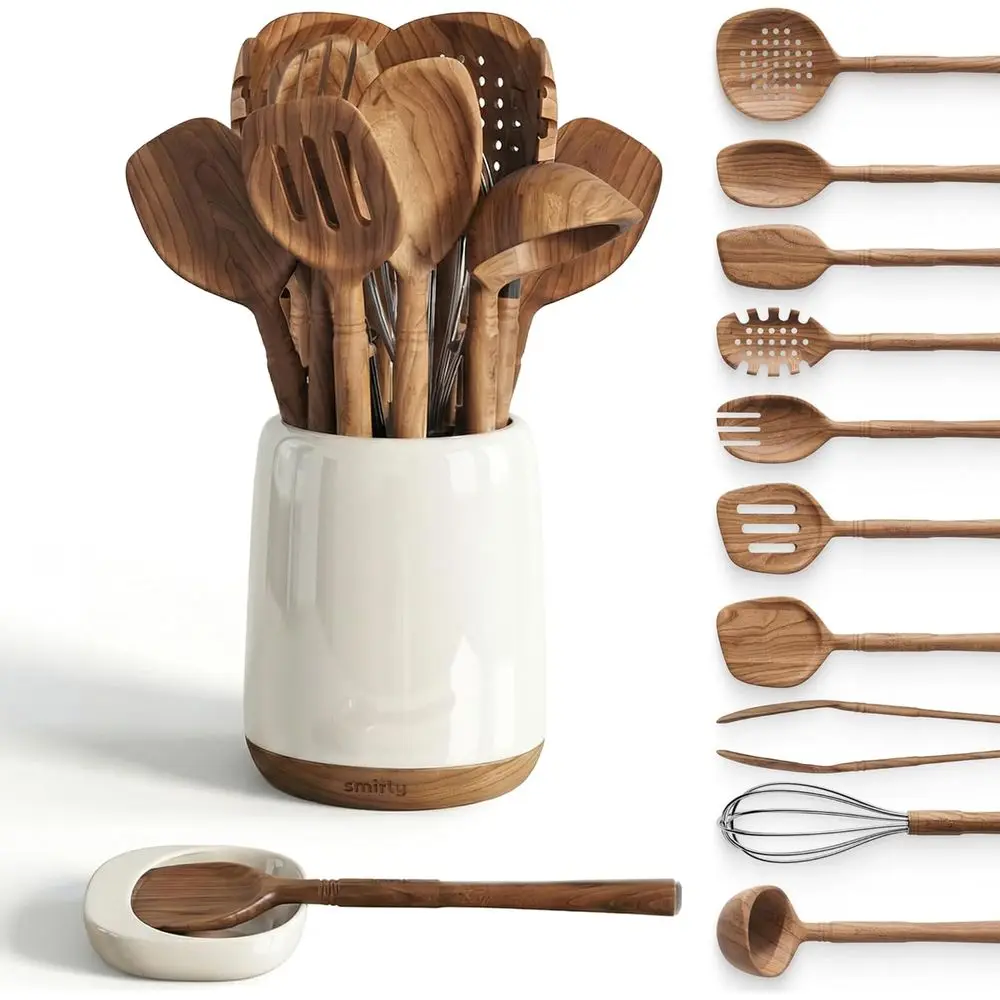 

12-Piece Acacia Wood Utensil Set with Holder & Spoon Rest, Premium Non-Scratch Kitchen Tools for Nonstick Cookware