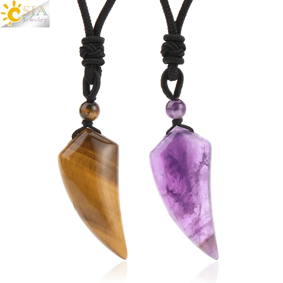 Natural Stone Wolf Tooth Pendant Necklace for Man Black Obsidian Amethyst Tiger Eye Clear Crystal Pendants Jewelry Women H247