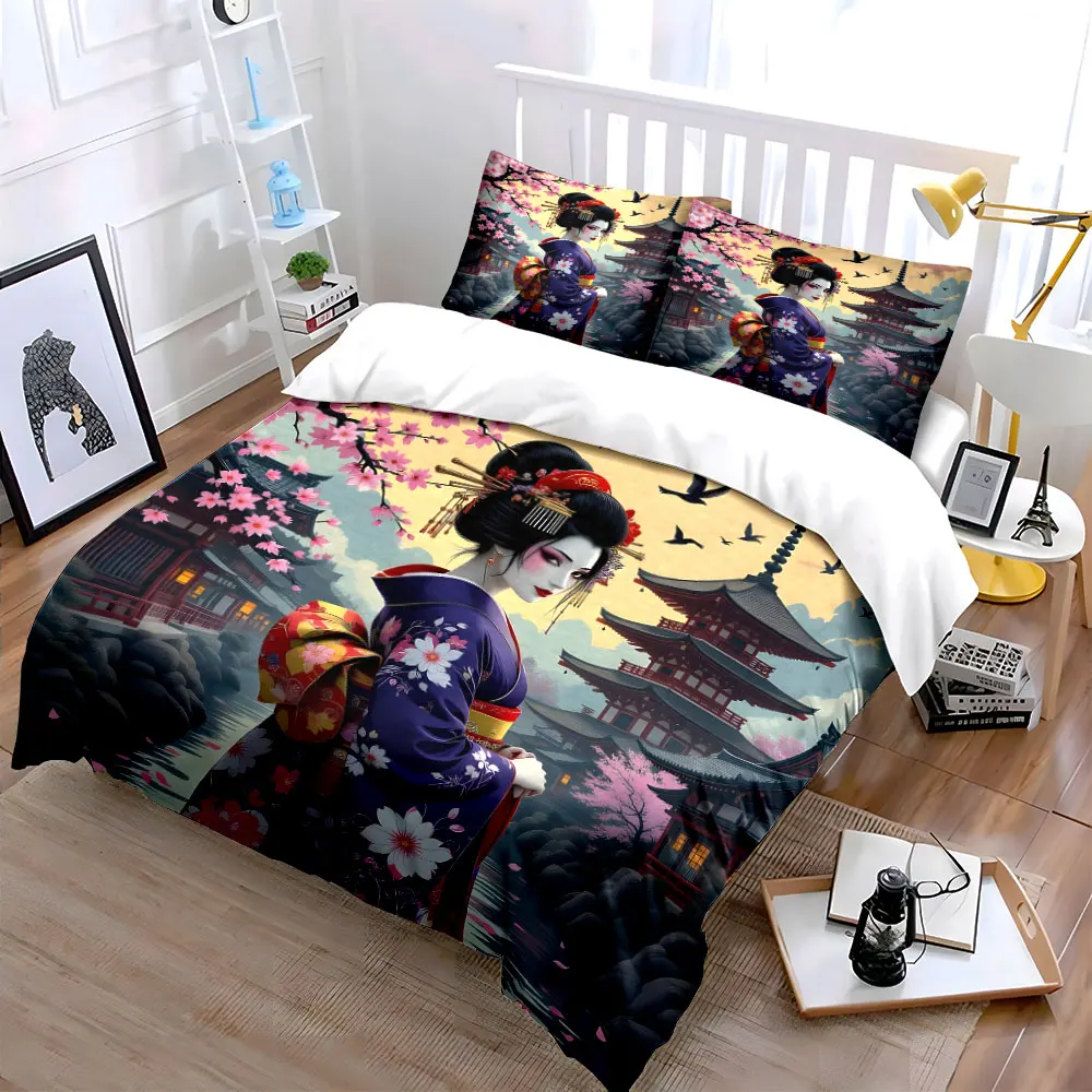 Kimono girl cherry blossoms temple Print Bedding Set 1 Duvet Cover 2 Pillowcases for Adult and Children Luxury Gift Full Size