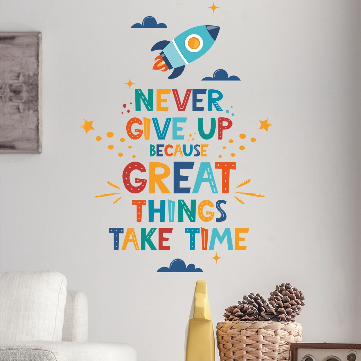 Colorful Inspirational Quote Wall Sticker Never Give Up Rocket Cloud Wall Decal for Office Study Bedroom Wall Background Decor