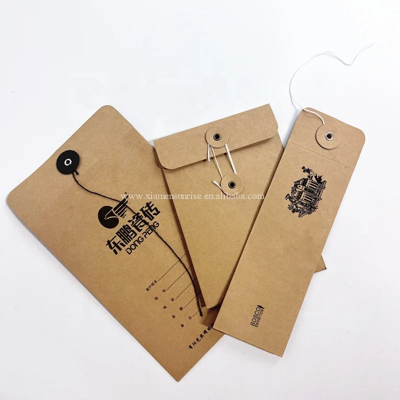 Customized product、Custom printed brown kraft string tie envelopes paper envelope string and button envelopes