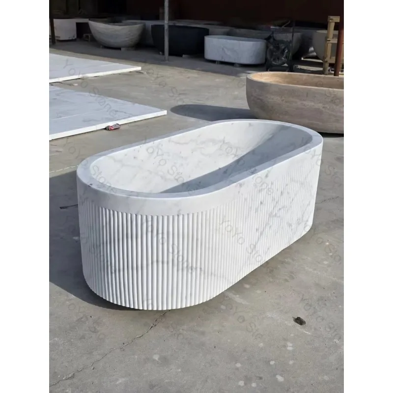 Hand-Carved Carrara White Marble Ribbed Bathtub Sculptural Fluted Stone Bath PremiumNatural Stone Tub For Villa Hotel Bathroom