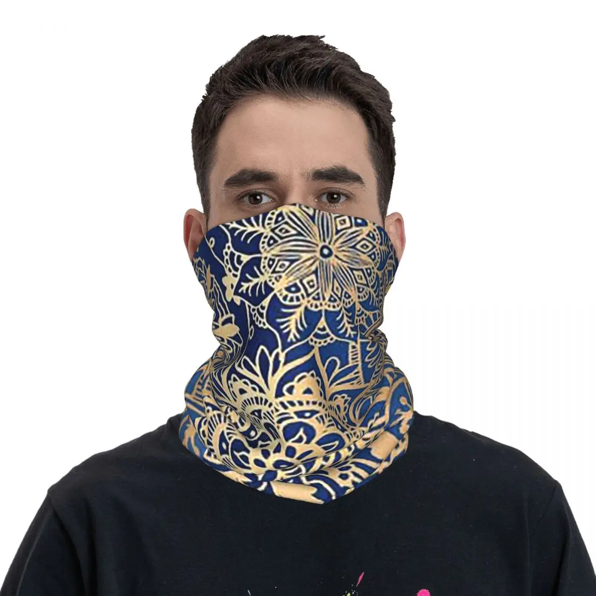 Blue And Gold Mandala Pattern Bandana Neck Gaiter Printed Wrap Scarf Warm Cycling Scarf Hiking Fishing Unisex Adult Washable