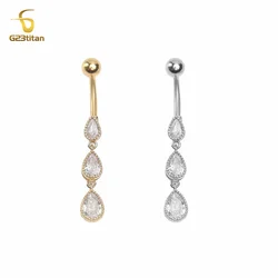 G23Titan Long Water Drop Navel Ring CZ Zircon Dangle Belly Button Piercing Jewelry 14G Titanium Curved Barbell Pircing Nombril