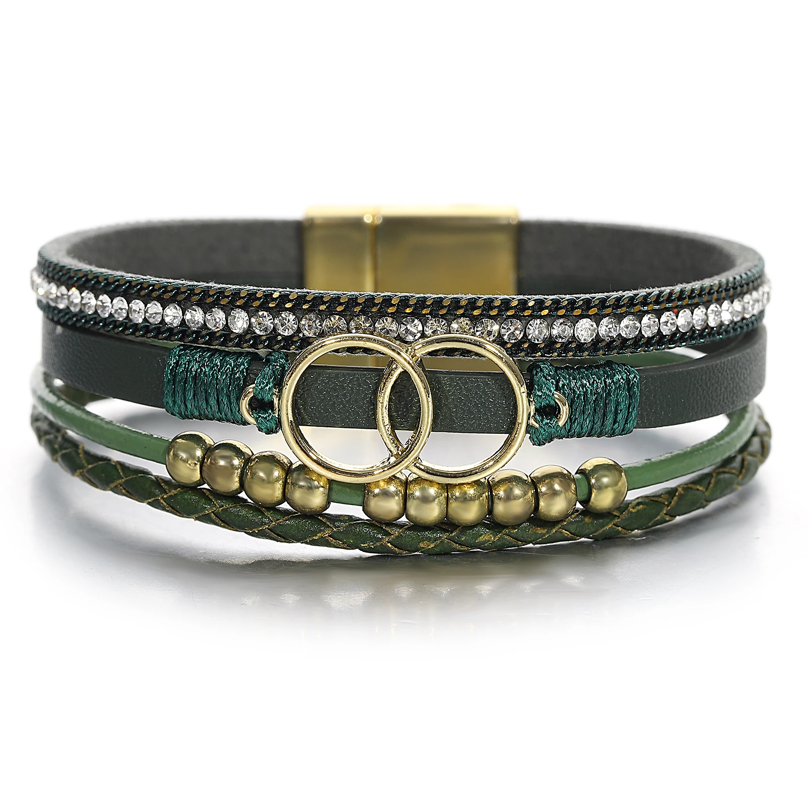 Amorcome 여성용 빈티지 더블 서클 매력 금속 비즈 팔찌, 보호 다층 랩 가죽 팔찌, 여성 쥬얼리