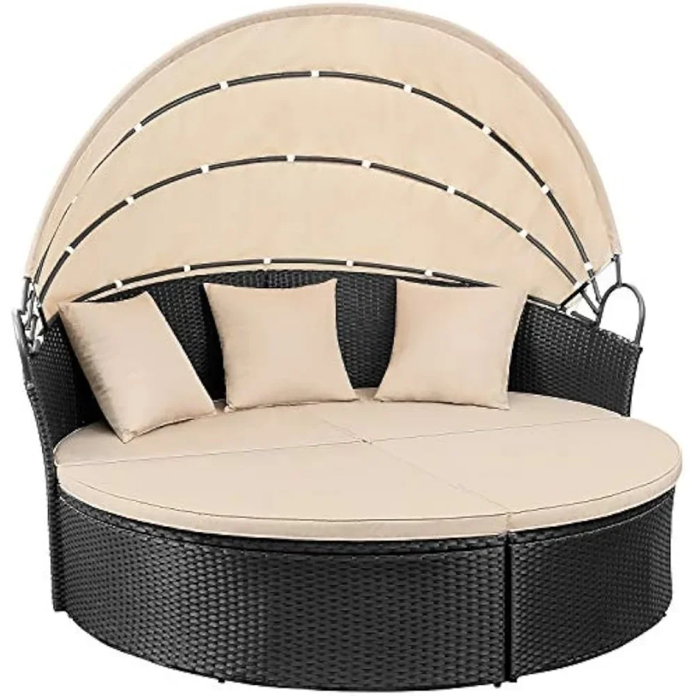 Sofá cama redondo para exteriores con dosel retráctil, asiento divisorio de mimbre, sofá seccional para terraza, césped, jardín, patio trasero y porche