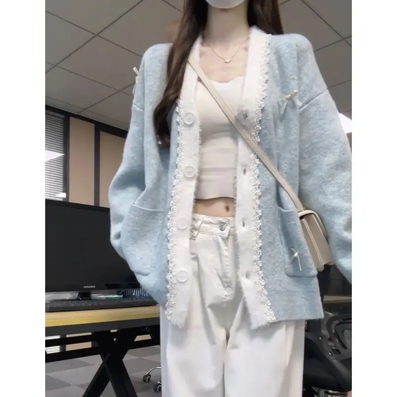 

Японский ретро-кардиган светло-голубого цвета с бантом и кружевной отделкой для женщин, свободный крой, в непринужденном стиле, милый свитер-жакет