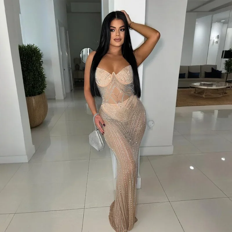 

GUWU Mesh See Though Diamonds Hot Rhinestones Sleeveless Strap Maxi Long Dress Women Sexy Party Evening Vestidos Dresses
