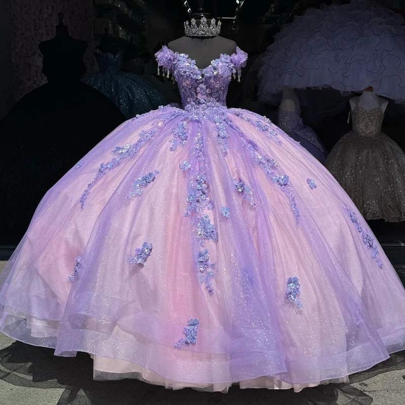 

2024 сиреневое блестящее платье для Quinceanera с открытыми плечами бальное платье с аппликацией кружевом бисером тюль со шнуровкой милое платье принцессы 16 цветов