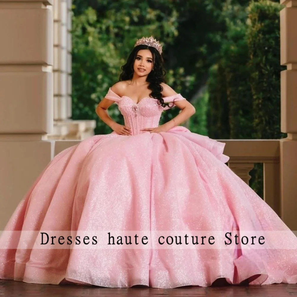 

Mexico Pink Shiny Quinceanera Dresses Ball Gown 2025 Bow Appliques Sweet 16 Dress Customized vestidos de 15 quinceañera
