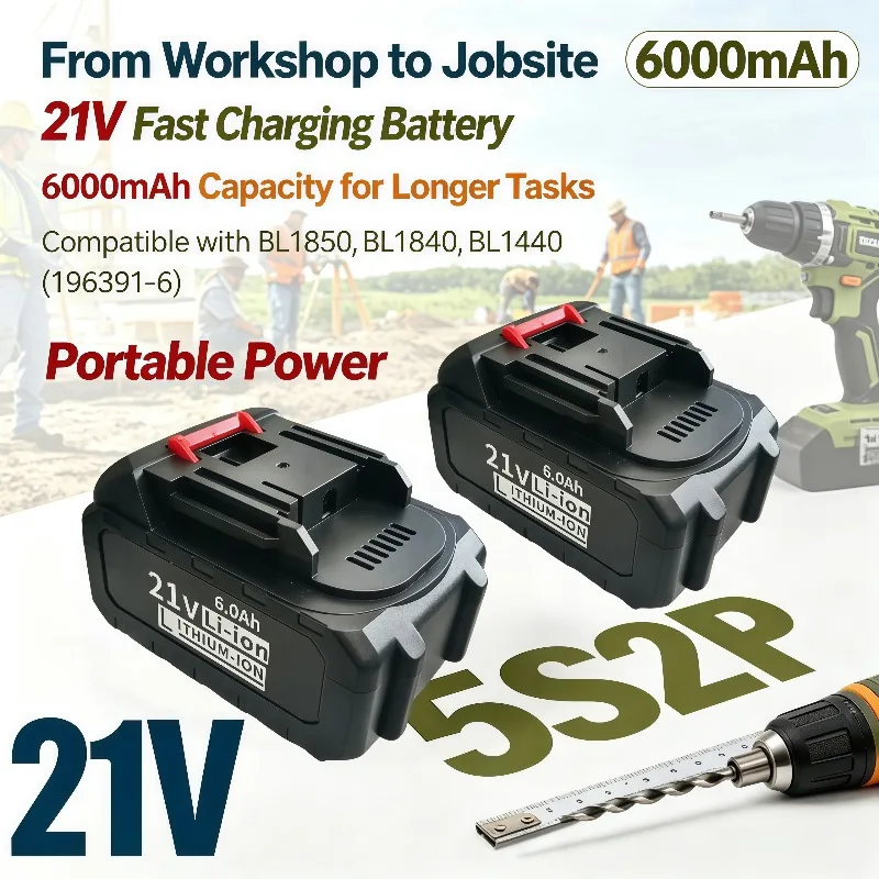 New 21V 5S2P 6000mAh Fast Charging Li‑ion Battery For Lpega Power Tools Fit BL1850 BL1840 BL1440 196391‑6