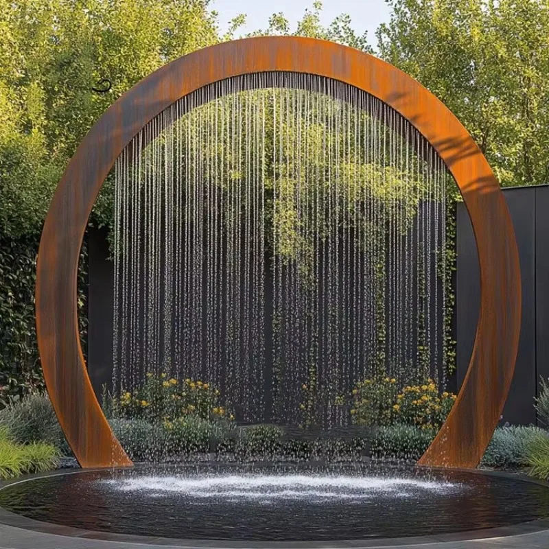 

【From China】Outdoor Decorative Large Garden Fountain Sculpture Abstract Metal Art Rust Semicircle Corten Steel Waterfall Water F