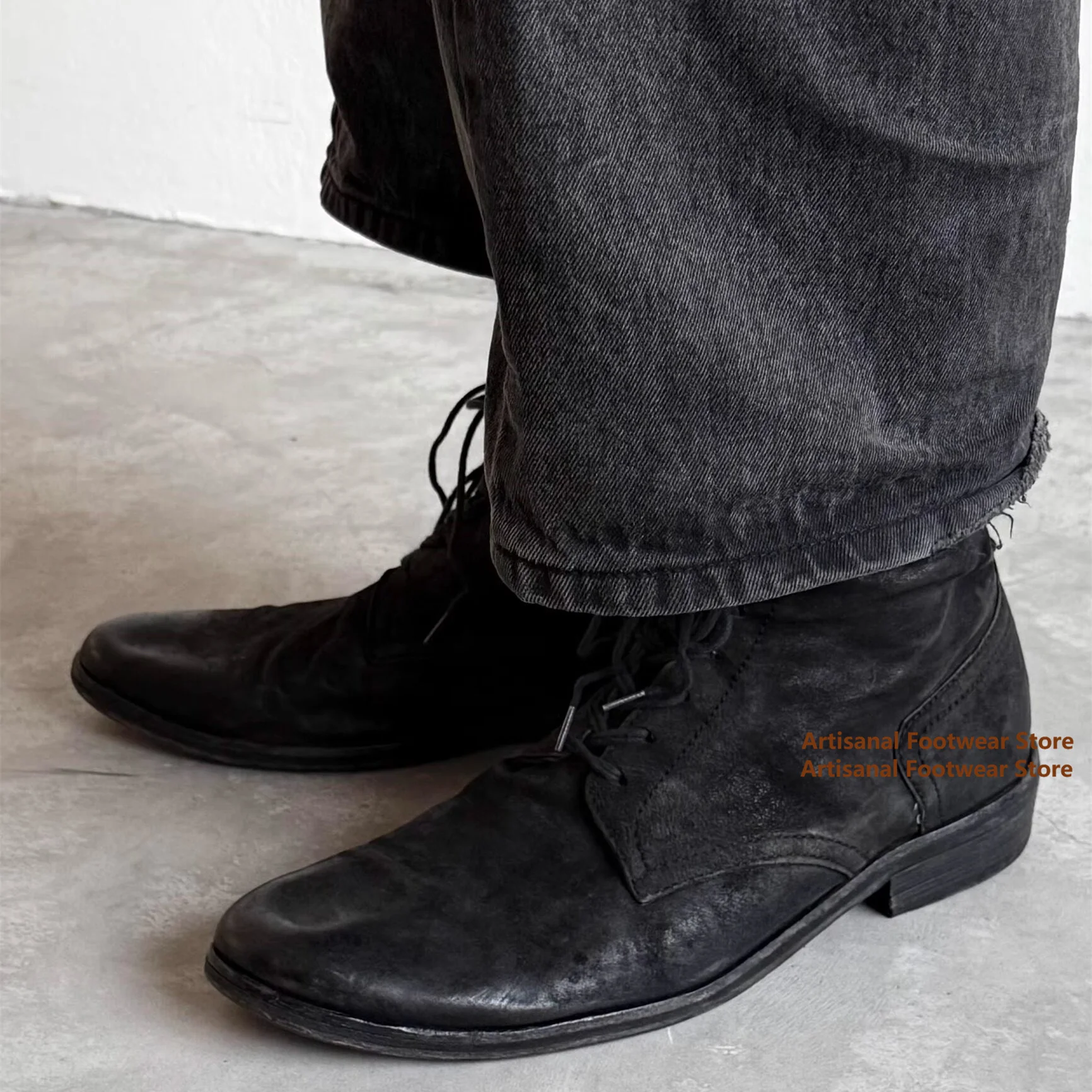 Vintage Soft Leather Casual High Top Men's Boots Black Leather Lace Up Ankle Booties Trendy Handmade Luxury Men's Shoes image 5