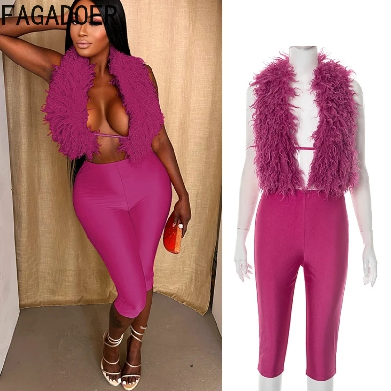 

FAGADOER Sexy Fur Patchwork Two Piece Outfits Woman Halter Deep V Bandage Backless Crop Top and Shorts Midnight Female Clubwear