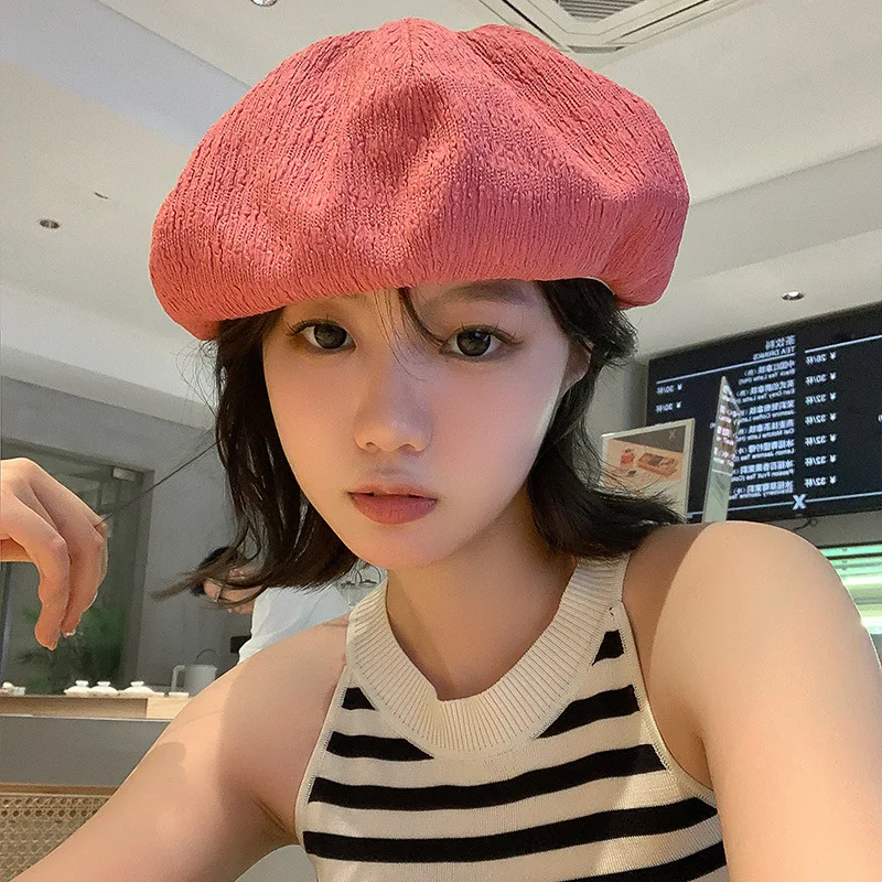 Simple Texture Grain Beret Women\'s Summer Hat New Women Berets Vintage French Top Painter Hat Beret Women Cap Pink Cap Gorras 모자