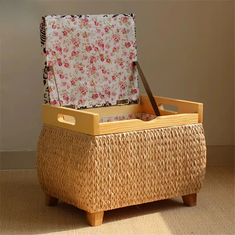 Rattan Storage Stool Ottoman Bench with Seat for Living Room Bedroom Organizer