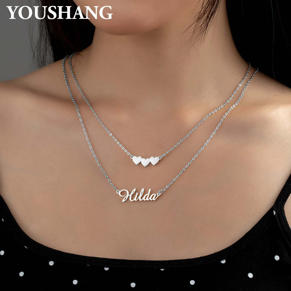 

Custom Name Necklace for Women Personalized Stainless Steel Double Chain Heart Pendant Fashionable Elegant Holiday Jewelry Gift