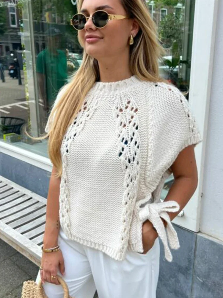 Women Loose O-neck Short Sleeve Lace Up Sweaters 2024 Autumn Knit Hollow Out Sweater PulloverFashion Casual Lady Solid Knitwear