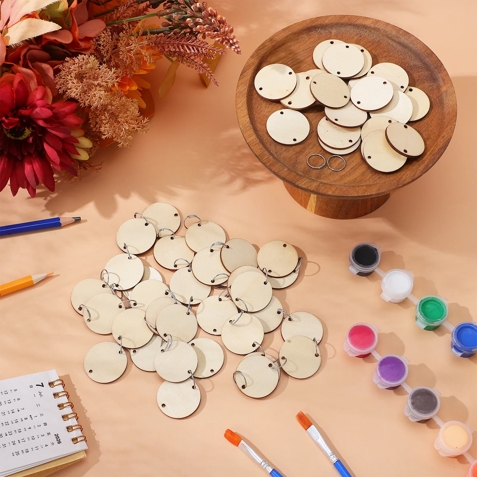 

50PCS Small Wood Chips DIY Craft Round Plaque for Reminder Record Home Decoration Educational Teaching Aids Natural Pendant