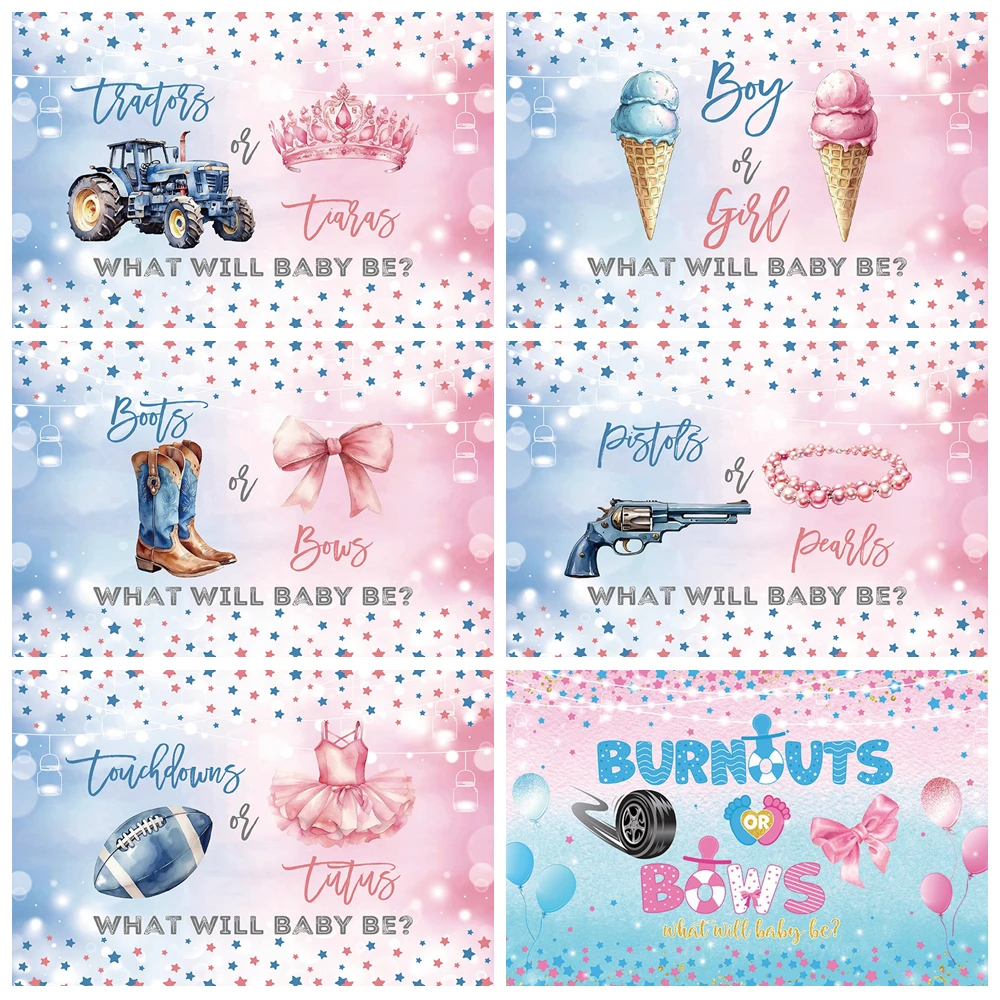 

Baby Gender Reveal Backdrop Blue Pink Stars Clouds Bows or Boots Boy or Girl Baby Shower Party Decor Photography Background