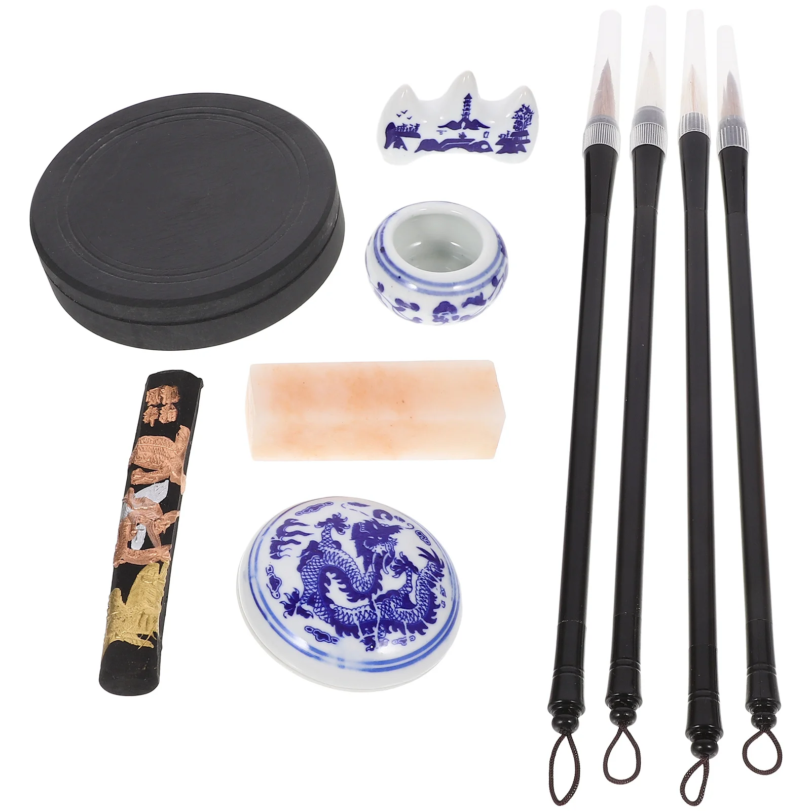 Chinese Four Treasures of The Study Set Traditional Writing Brush Ink Stick Paper Inkstone Calligraphy Brush Set for Beginners