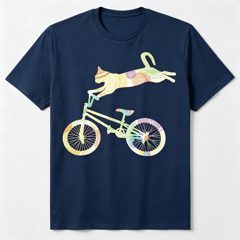 Light Pattern Cat Riding Bicycle Graphic T Shirt Premium Soft Cotton Short Sleeve Men Street Casual Daily Wear Animal Print Tee