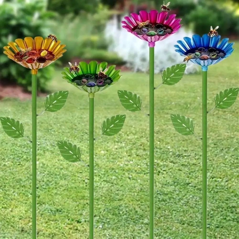 2pcs Durable Metal Bee Watering Cup Flower Design Plug-in Bee Drinking Cups Rust proof Waterproof Butterfly Bath Bowl Balcony