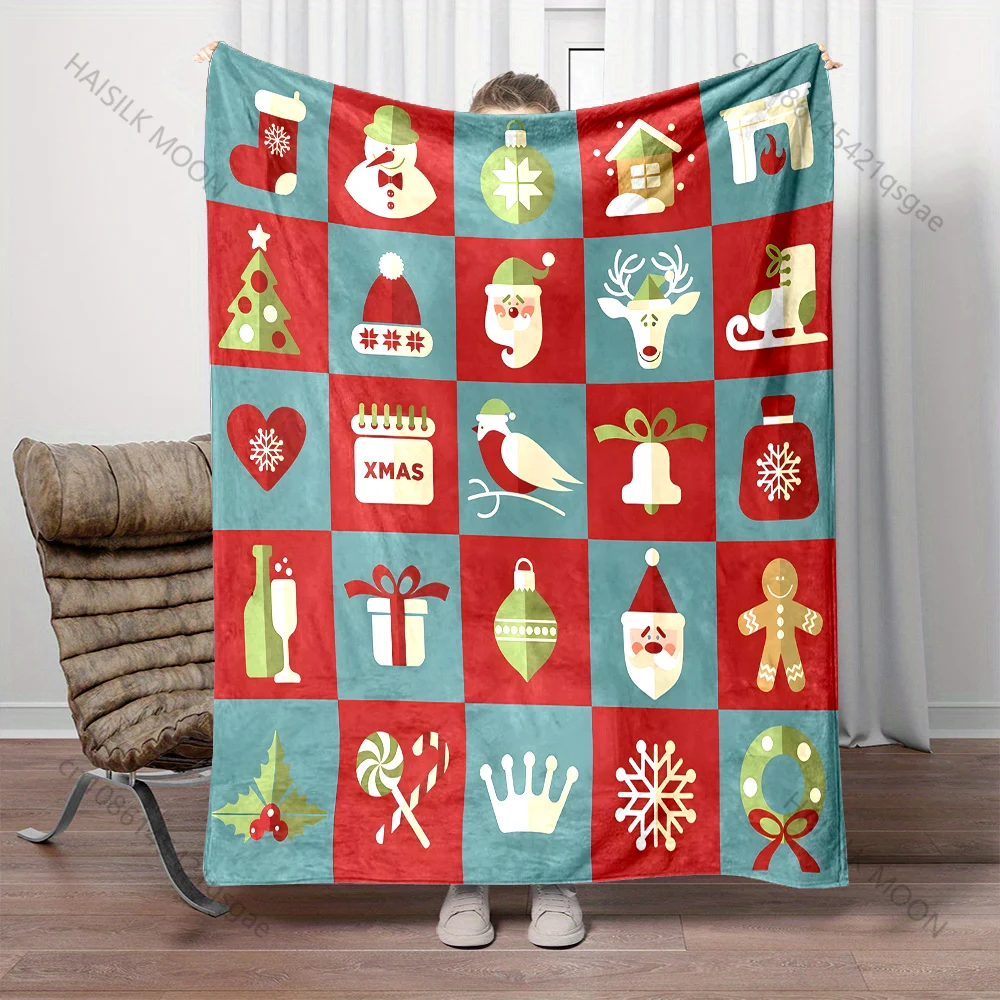 Christmas-themed Icons in Grid Pattern Blanket Flannel Material Soft Warm for All Seasons, Home Outdoor Camping Picnics RV