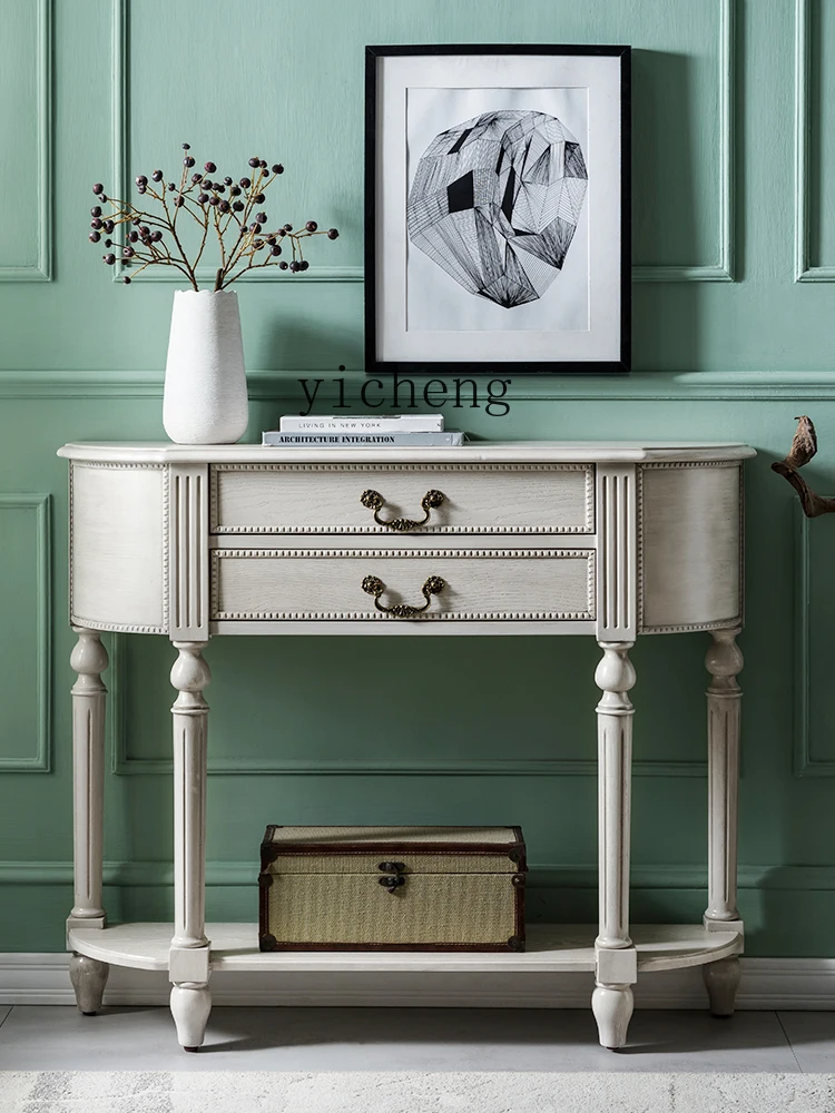 Tqh Solid Wood Entrance Cabinet Gray White Semicircle Corridor Aisle Household Console Tables