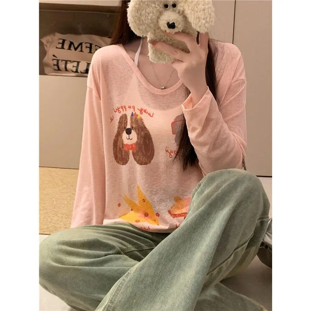 Summer New Style Lazy Dog Print Long Sleeve Loose T-Shirt Thin Shoulder Design UV Protection Women's Knittedwear Casual Commu...