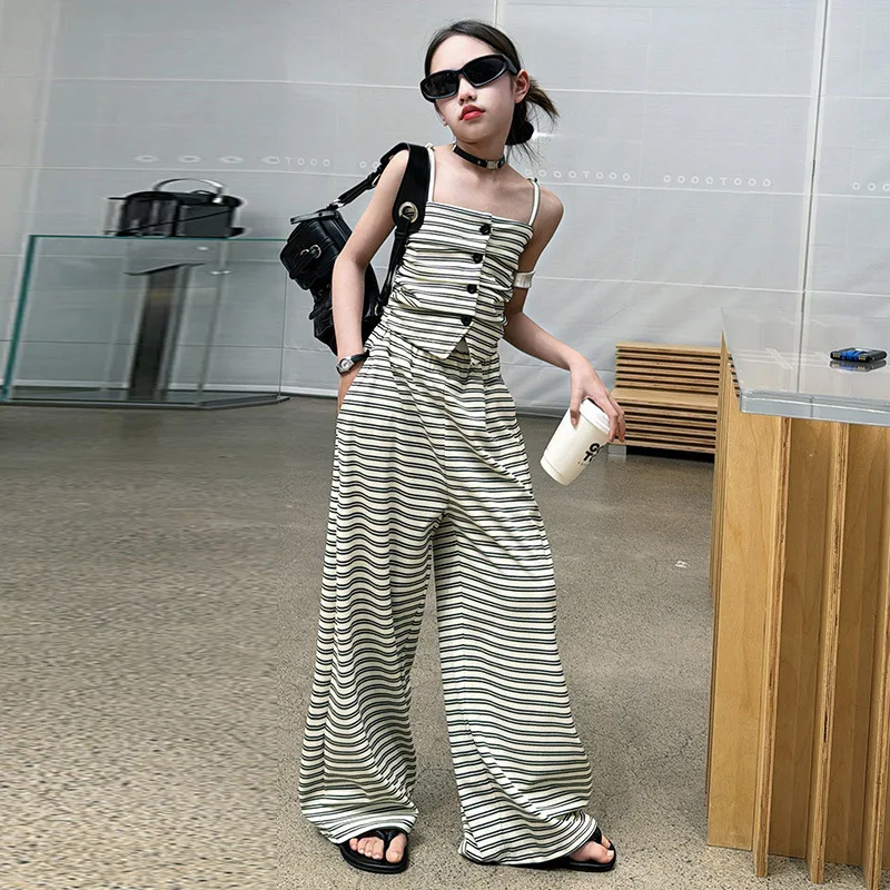 

2025 New Teen Children Clothing Tracksuit Girls Clothes Set Summer Fashion Halter Tops + Wide Leg Pants 2pcs Kids Stripe Suits