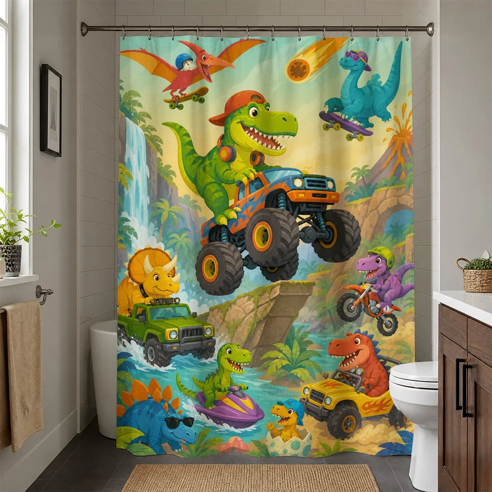 Dinosaur Adventure Shower Curtain Fun Kids Bathroom Decor Cartoon Jungle Theme Bright Colors