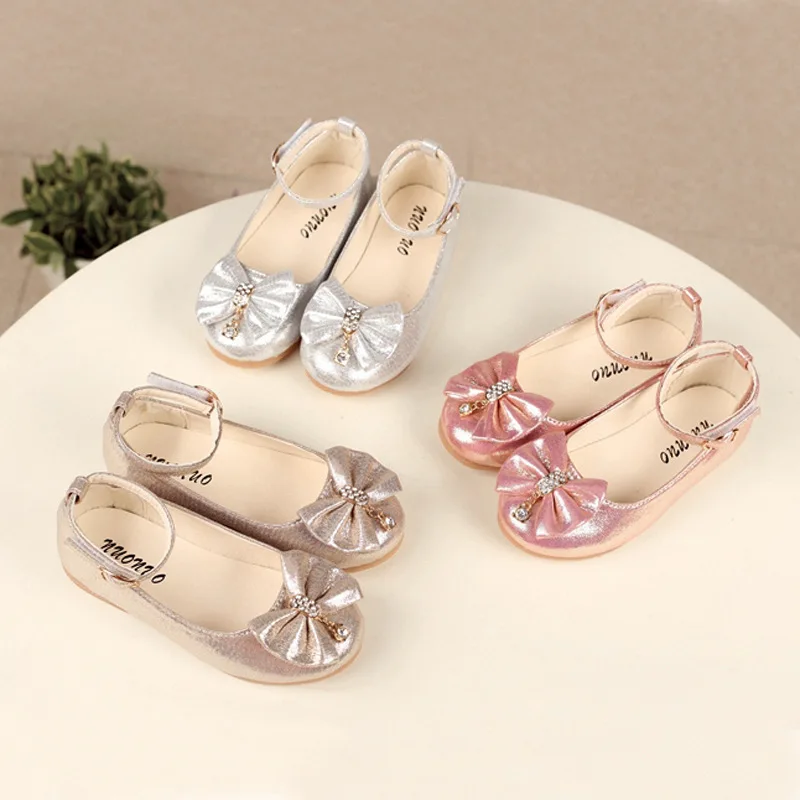 

Spring Autumn Kids Leather Shoe Elegant Bowtie Girl Princess Shoes Fashion Causal Wedding Children's Flats Ankle-strap Versatile