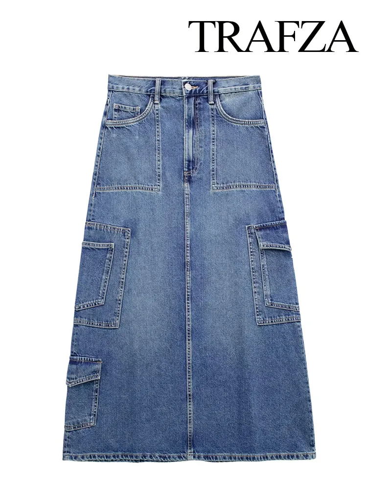 

TRAFZA Summer Women Denim Skirt Fashion High Waist Slim Pocket Skirts Female Chic Vintage Elegant Ankle Length Jean Skirts Mujer